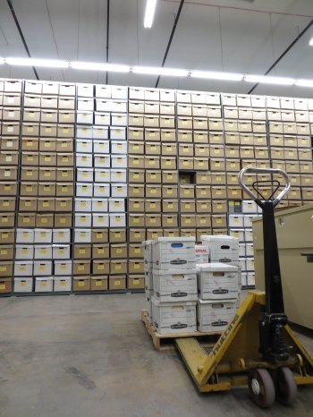 A wall of boxes in our off-site facility, Archives South/State Records Center.
