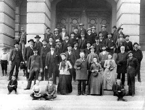 Members of the Wyoming Constitutional Convention on the steps of the stat capitol building, 1889. (WSA Sub Neg 1671)
