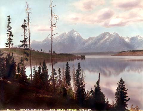 Jenny Lake at the foot of the Grand Tetons was named for Leigh's first wife Jenny who accompanied Hayden's first USGS survey party to the area (WSA J.E. Stimson Collection Neg 124E, 1899, hand-tinted by photographer)