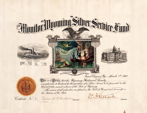 USS Wyoming Monitor Silver service fund certificate issued for donations of $1.00 or more. 