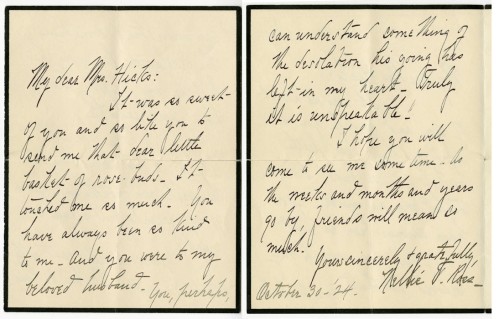 Nellie was a considerate corespondent and dutifully sent many hand written thank you notes. This one was sent to Gertrude Hicks in thanks for flowers for William funeral. 