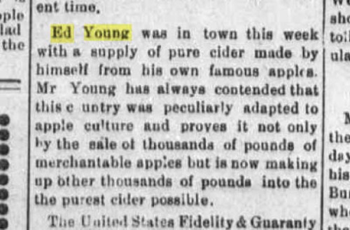 In addition to selling fresh apples, Young also made cider.  (WSA Wind River Mountaineer 12-16-1904, p3)