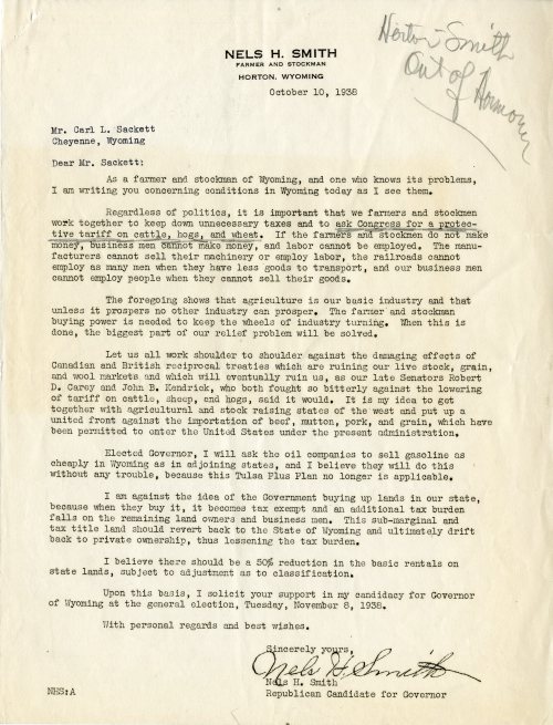 Campaign letter in support of Nels Smith for Governor, 1938. (WSA H73-19)