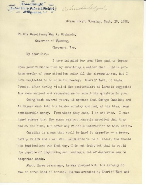 Hon. Knight's letter to Governor Richards, p1 (WSA RG0001.14, Petitions for Pardon, George Cassidy)