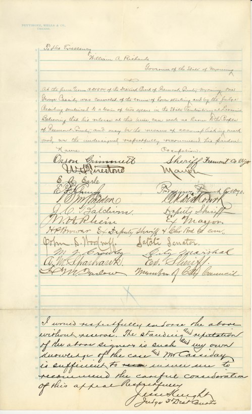 Petition to Governor Richards for a pardon of George Cassidy. (WSA RG0001.14, Petitions for Pardon, George Cassidy)