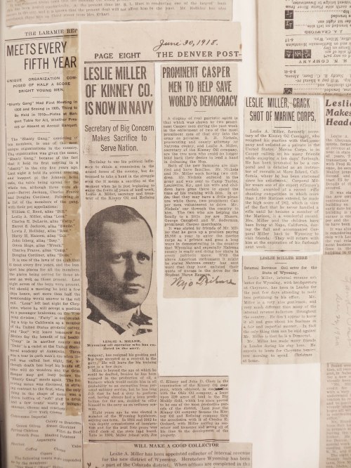 In 1918, Miller gave up his position as secretary and treasurer at Kinney Oil and Refining Co. to join the U.S. Navy and serve during World War I. Following the war, he was very active in the American Legion. (WSA H70-140, scrapbook 1)