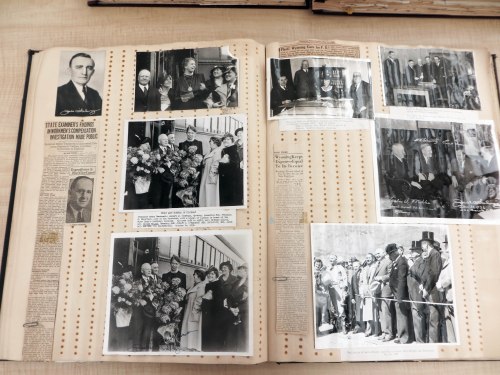 Miller kept several very large scrapbooks which are now housed in the Wyoming State Archives. These albums include newspaper clipping about Miller and his interests, photograph, letters from politicians (including Presidents F. Roosevelt and Hoover), event programs and other mementos. This page shows several photos from President and Mrs. Franklin Roosevelt's visit to Cheyenne in October 1936. The dahlias presented to Mrs. Roosevelt were probably grown by Miller himself. (WSA H70-140, Album 2)