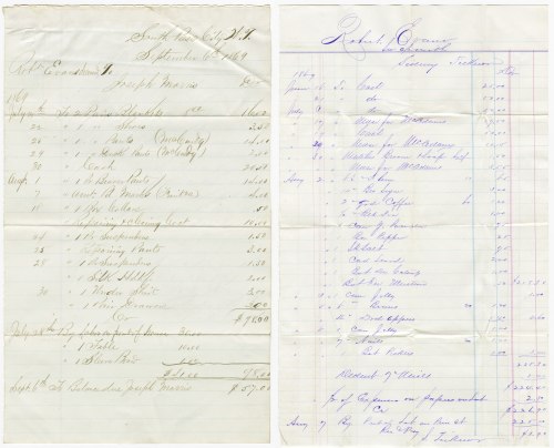 Examples of bills submitted to the court against Evans' estate. They are a wonderful window into what was worn and eaten but also the cost of goods in South Pass in 1869. For instance, Evans' entire suit of clothing, clothing repairs, and two blankets cost $98 (a bit over $1,760 today) which reflects the inflated prices in the mining boom town. He had run up a grocery bill of $225 (about $4050 today.)  (WSA Sweetwater Dist Ct PR Robert Evans, 1869)