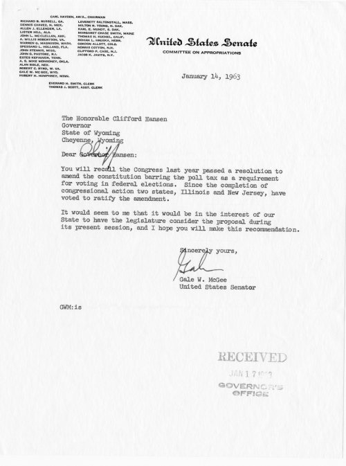 Letter from Sen. McGee to Governor Hansen. (WSA RG0001.36, Hansen gubernatorial records)