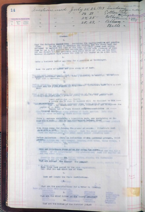 For the years 1912-1915, the superintendent included details about each of the tests include when and where they were given, who administered the test, and the questions included in the test. Unfortunately, no answers are given. The ledger also includes the names of the students and their test scores, though this information is restricted and cannot be released to researchers.  (WSA Crook County Superintendent of Schools ledger)